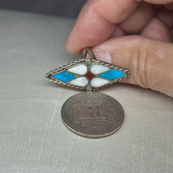 Vintage Zuni Native 4 Turquoise Pointed MOP Mother of Pearl, Coral Silver Ring - Picture 5 of 7